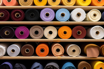 Rolls of fabric of different colors arranged on shelves