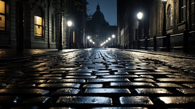 Fototapeta Rain-soaked black and white cobblestones reflecting the glow of lampposts