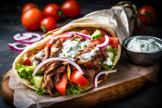 close up gyros on a wooden board