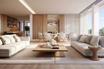 Elegant Miami condo exuding sophistication, featuring white and wooden elements, depicted in detailed 3D rendering. Generative AI
