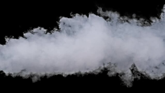 Jet stream of smoke or vapor with alpha channel, slow motion. Explosion steam. White smoke clouds rise up. Floating fog. Real atmospheric effect, abstract particles of smoke texture