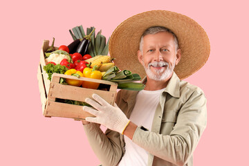 Happy mature male farmer with wooden box full of different ripe vegetables on pink background - obrazy, fototapety, plakaty