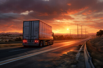 Truck driving down the road at sunset.