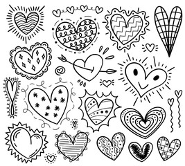 Handwritten doodle hearts. Different styles and shapes.
