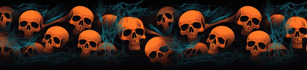 halloween pattern with many skulls on orange and black Generative AI