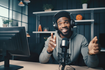  Young African American man host in headphones enjoying podcasting in his home studio. Handsome podcaster laughing while streaming live audio podcast