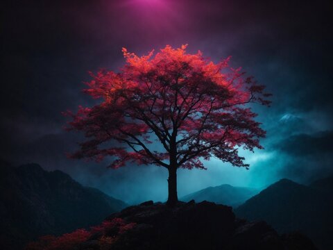 silhouette of a tree, neon color leaves on a top of a mountain dark background