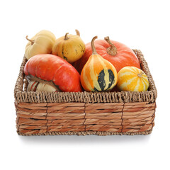 Wicker box with different fresh pumpkins on white background