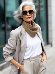 Obraz premium Beautiful senior lady with gray hair posing standing in the street of European city, gorgeous older woman fashion model, streetstyle blogger