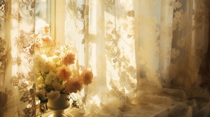 Sunlight streaming through lace curtains onto Traditional Floral Wallpaper, creating a delicate and romantic ambiance