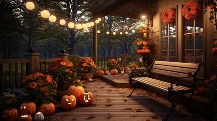 A porch decorated with pumpkins and lanterns