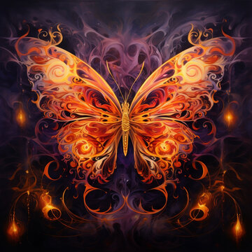 A beautiful orange butterfly emerges from the purple smoke. Fantasy scene. Generative AI.