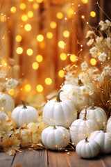 Photorealistic image of a crop of white pumpkins against a background of bokeh from burning garlands