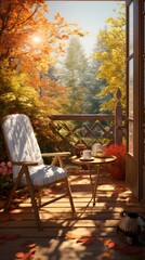 A painting of a chair and a table on a porch
