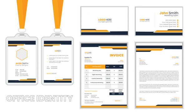 Corporate yellow-orange  color business stationary or office identity set, modern corporate identity template, with digital elements. Vector company style for brand book and guideline.