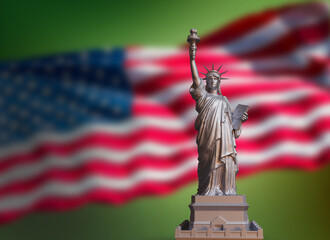 metallic statue of liberty on USA flag green background