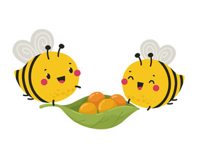 Cute bees with flower pollen. Vector characters in flat style.