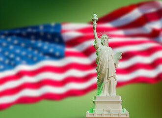 white statue of liberty on USA flag green background