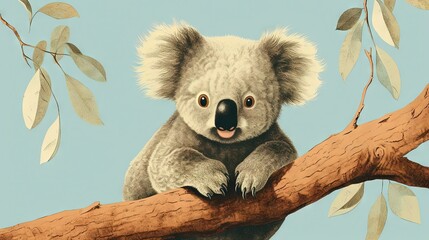  a painting of a koala sitting on a tree branch.  generative ai