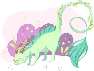 Cute dragon in pastel colors looks at butterfly sitting on it. Vector illustration for children, flat cartoon style with outline
