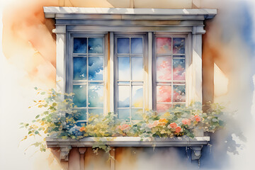 window with flowers, watercolor painting, pastel colors