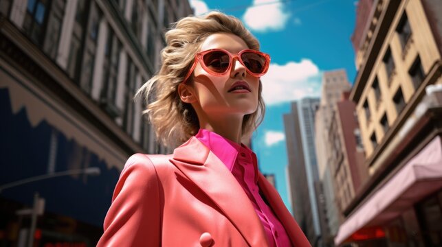A beautiful model in a pink dress is reflected in the glass wall of a skyscraper. Modern street fashion photography.