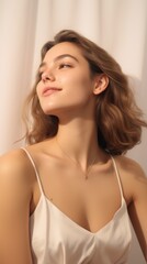 A girl in a playful pose on a neutral background. Generative AI