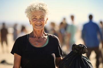 Smiling portrait of a happy senior female woman volunteer picking up trash and plastics on a beach to recycle and protect the environment and ecosystem