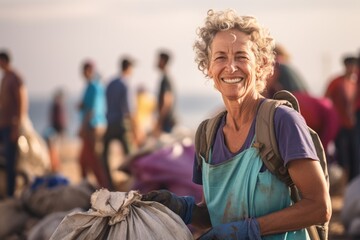 Smiling portrait of a happy senior female woman volunteer picking up trash and plastics on a beach to recycle and protect the environment and ecosystem - obrazy, fototapety, plakaty