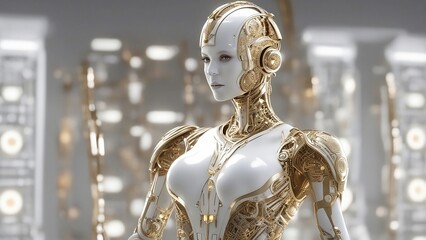 Female future cyborg robot, with ivory skin and gold cybernetics  - obrazy, fototapety, plakaty