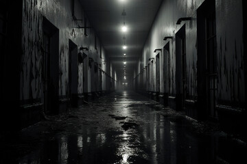 Creepy old shabby corridor of mental hospital with puddles on the floor, horror style, dark corridor of abandoned building, abandoned house interior, spooky, scary background. - 645073943