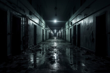 Creepy old shabby corridor of mental hospital with puddles on the floor, horror style, dark corridor of abandoned building, abandoned house interior, spooky, scary background. - obrazy, fototapety, plakaty