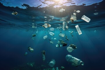 Naklejka na ściany i meble Polluted ocean or sea with plastics and trash bottles symbolizing humans destroying the environment and ecosystem