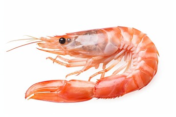 Close-up of a pink shrimp isolated on a white background.