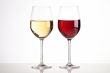 Two wine glasses, one with white wine and the other with red wine, isolated on a white background.