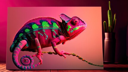 Chameleon full body, frame within shot, colorful, aligned right, pink background.
