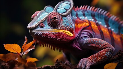 Fototapeta premium Chameleon full-body, framed within the photo, colored, aligned to the right.