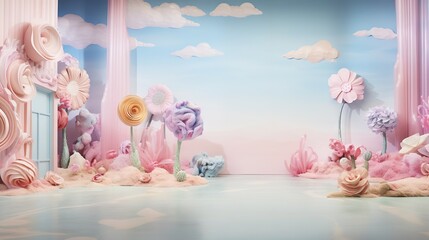  a pink and blue room with flowers, clouds, and a door.  generative ai