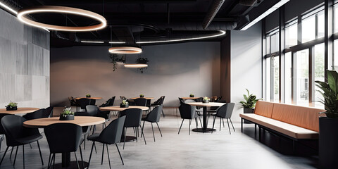 A modern restaurant interior with stylish furniture, an empty atmosphere, and elegant decor, featuring a cozy bar area.