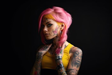 A seductive young woman with tattoos exudes beauty and sensuality in a stylish portrait with trendy makeup.