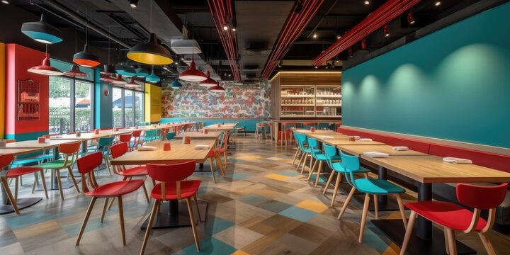 A modern restaurant interior design with wooden furniture, comfortable chairs, and a cozy atmosphere for dining.
