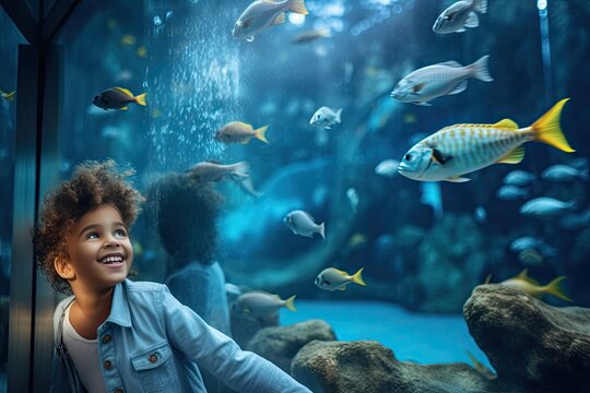 Children and adults delight in the vibrant and exotic underwater world of a tropical aquarium filled with colorful fish.
