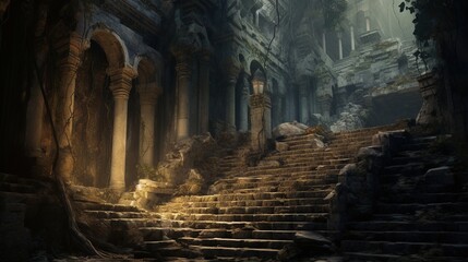  a set of stone steps leading to a cave like building.  generative ai