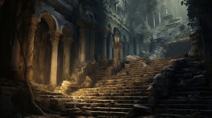 Naklejka premium a set of stone steps leading to a cave like building. generative ai