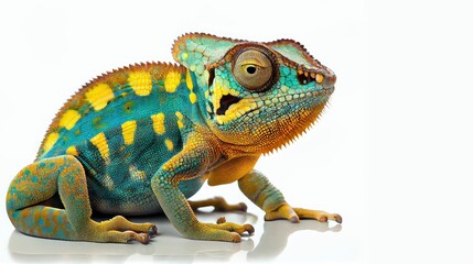 yellow blue lizard Panther chameleon isolated on white background