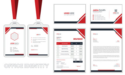 Corporate red color business stationary or office identity set, modern corporate identity template, with digital elements. Vector company style for brand book and guideline.