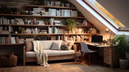 Small relaxing study room with bookshelves.  Generative AI