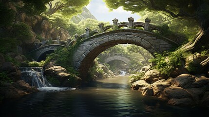 The gentle curve of an alabaster bridge arching gracefully over a tranquil, meandering stream