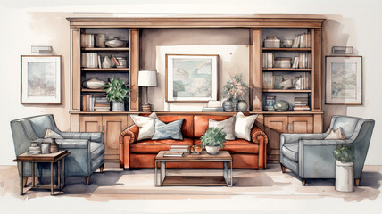Watercolor illustrations of eclectic living room design with built-in furniture, Generative AI