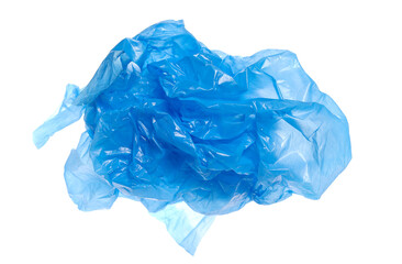 Blue crumpled plastic shopping, grocery bag in flying isolated on white, clipping path 